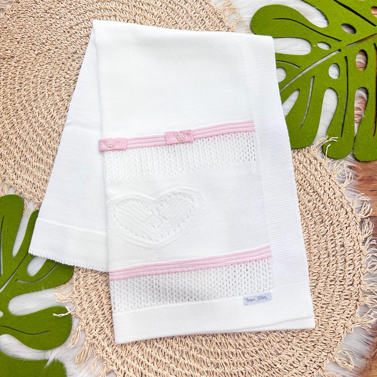Manta de Linha Coração Dois Laços - Branco e Rosa